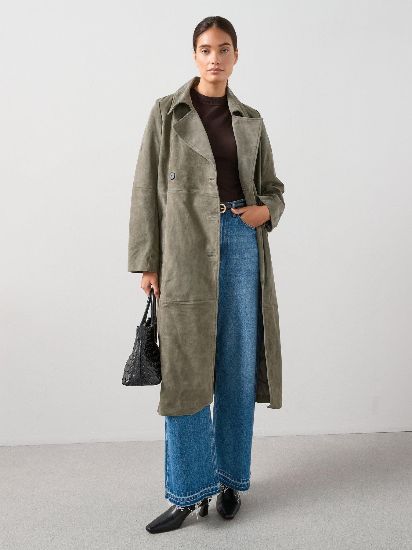undefined Suede Trench Coat - Khaki