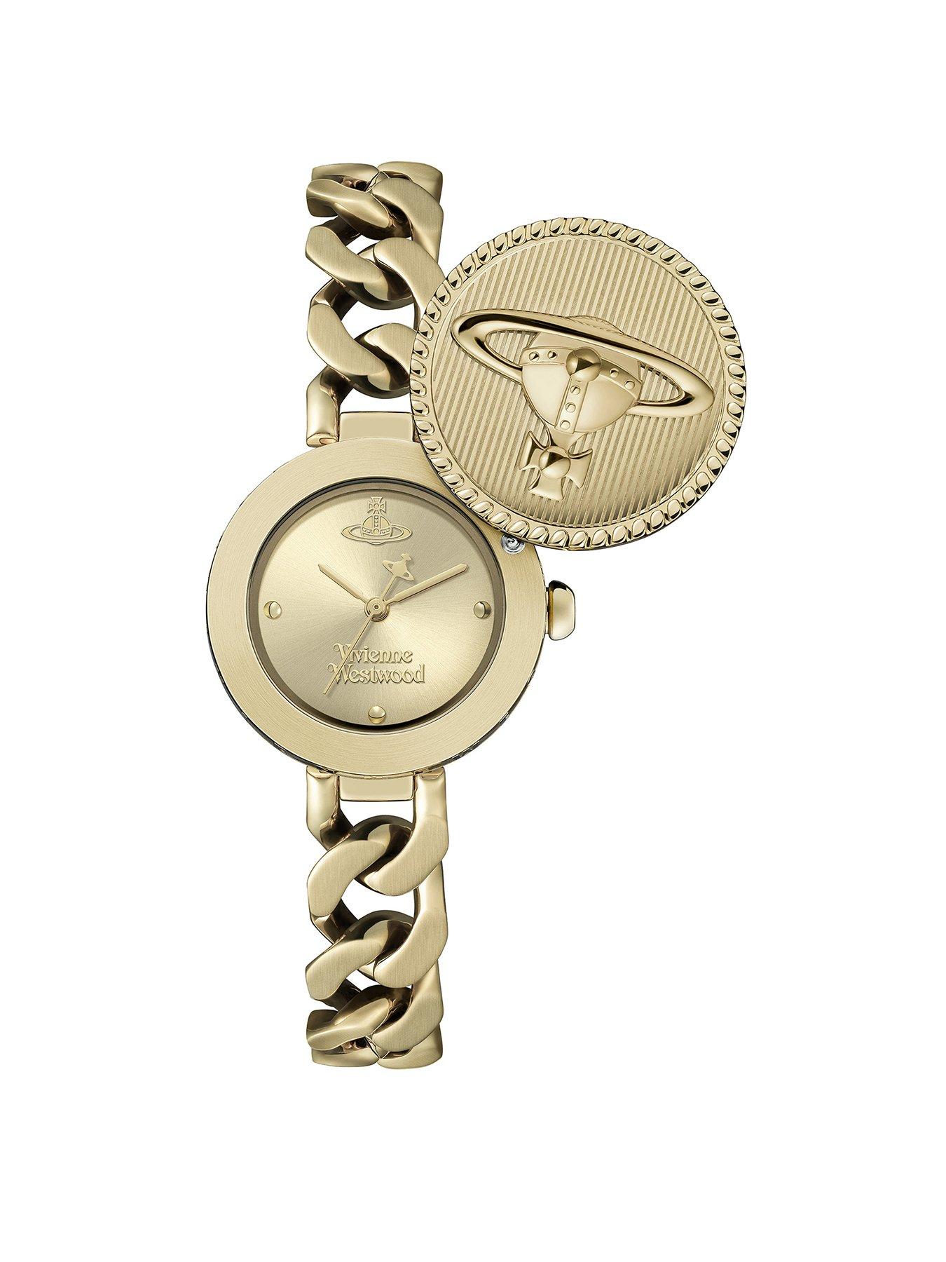 Image 1 of 7 of Vivienne Westwood Orb Button Ladies Quartz Watch Gold Dial, Stainless Steel Gold Case and Link Chain Bracelet