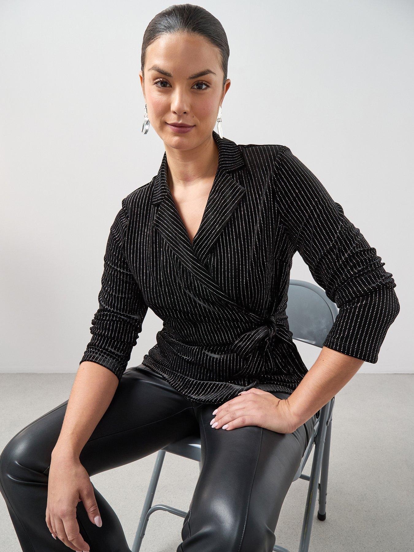 Image 4 of 6 of The Very Collection Curve Glitter Wrap Velvet Blazer&nbsp;- Black