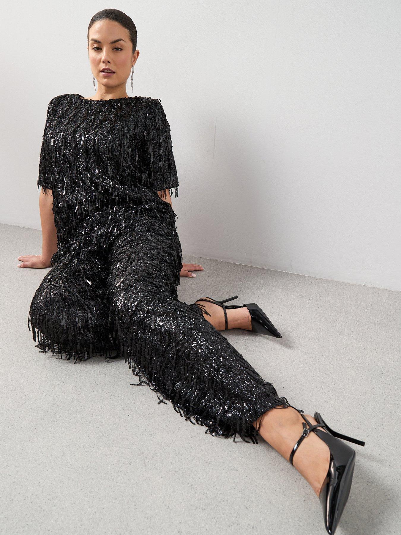 The Very Collection Curve Fringe Sequin Wide Leg Trouser Co-Ord - Black
