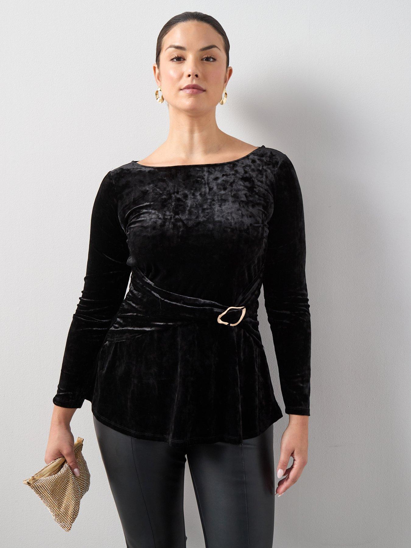 The Very Collection Curve Buckle Trim Velvet Top - Black