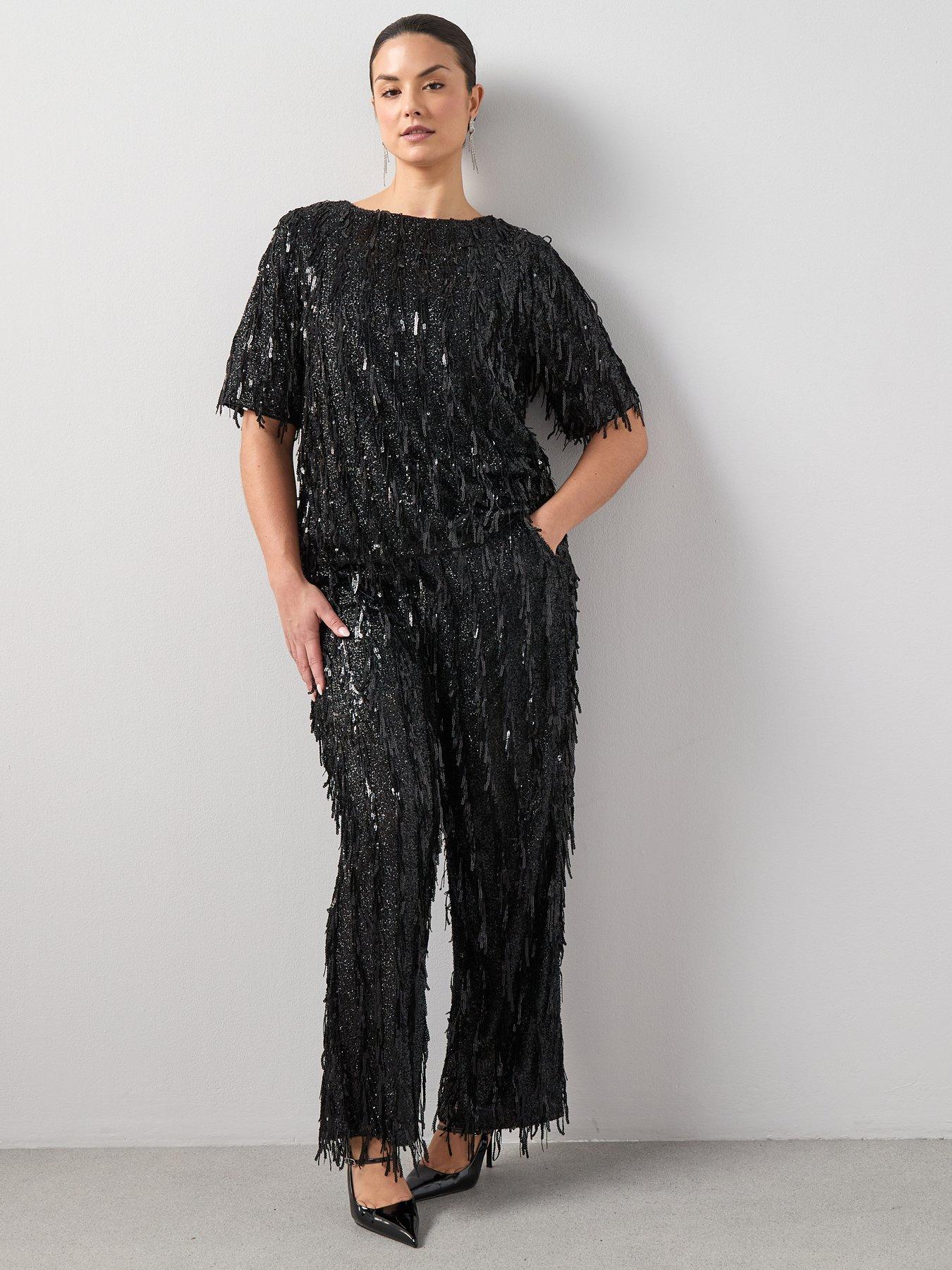 The Very Collection Curve Fringed Sequin Top Co-Ord - Black