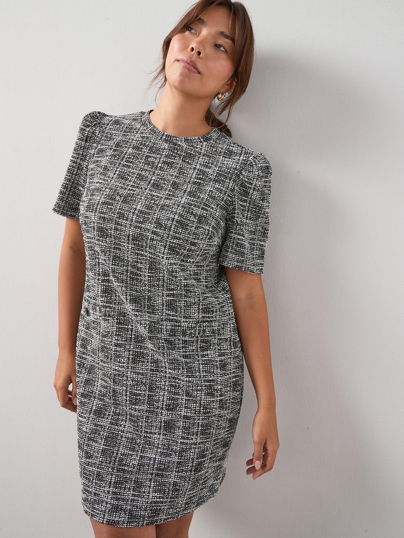 undefined Short Sleeve Boucle Shift Mini Dress - Black