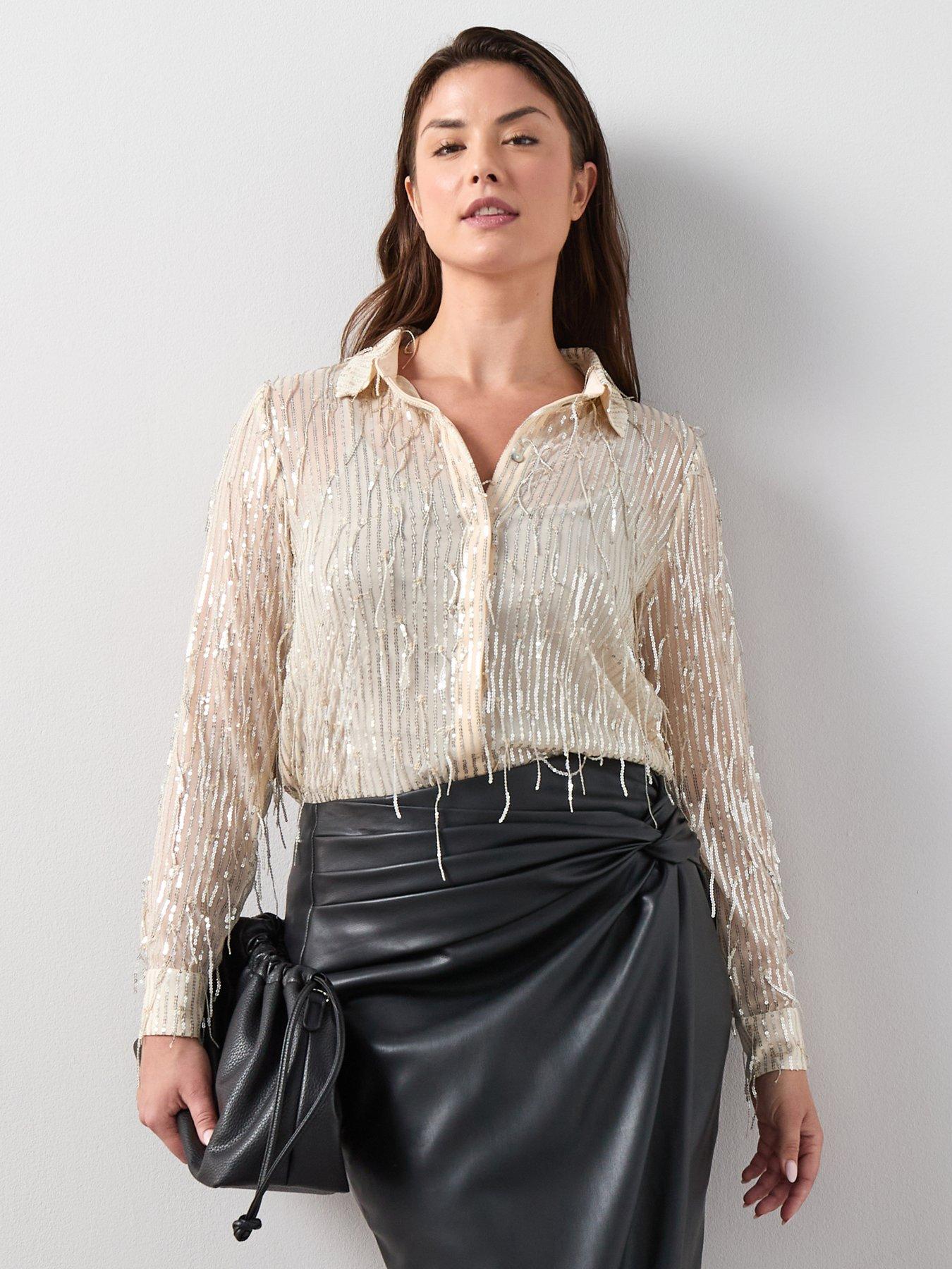 The Very Collection Curve Sequin Longline Blouse - Cream