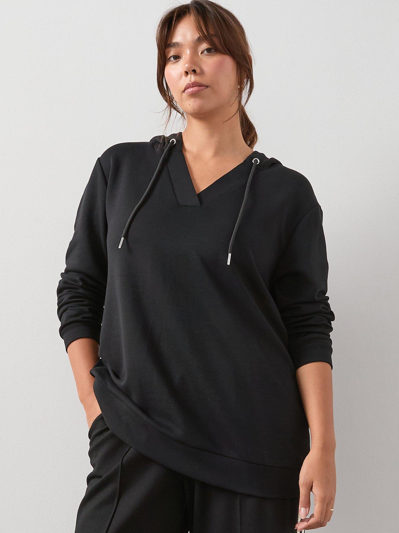 undefined V Neck Longline Hoodie - Black