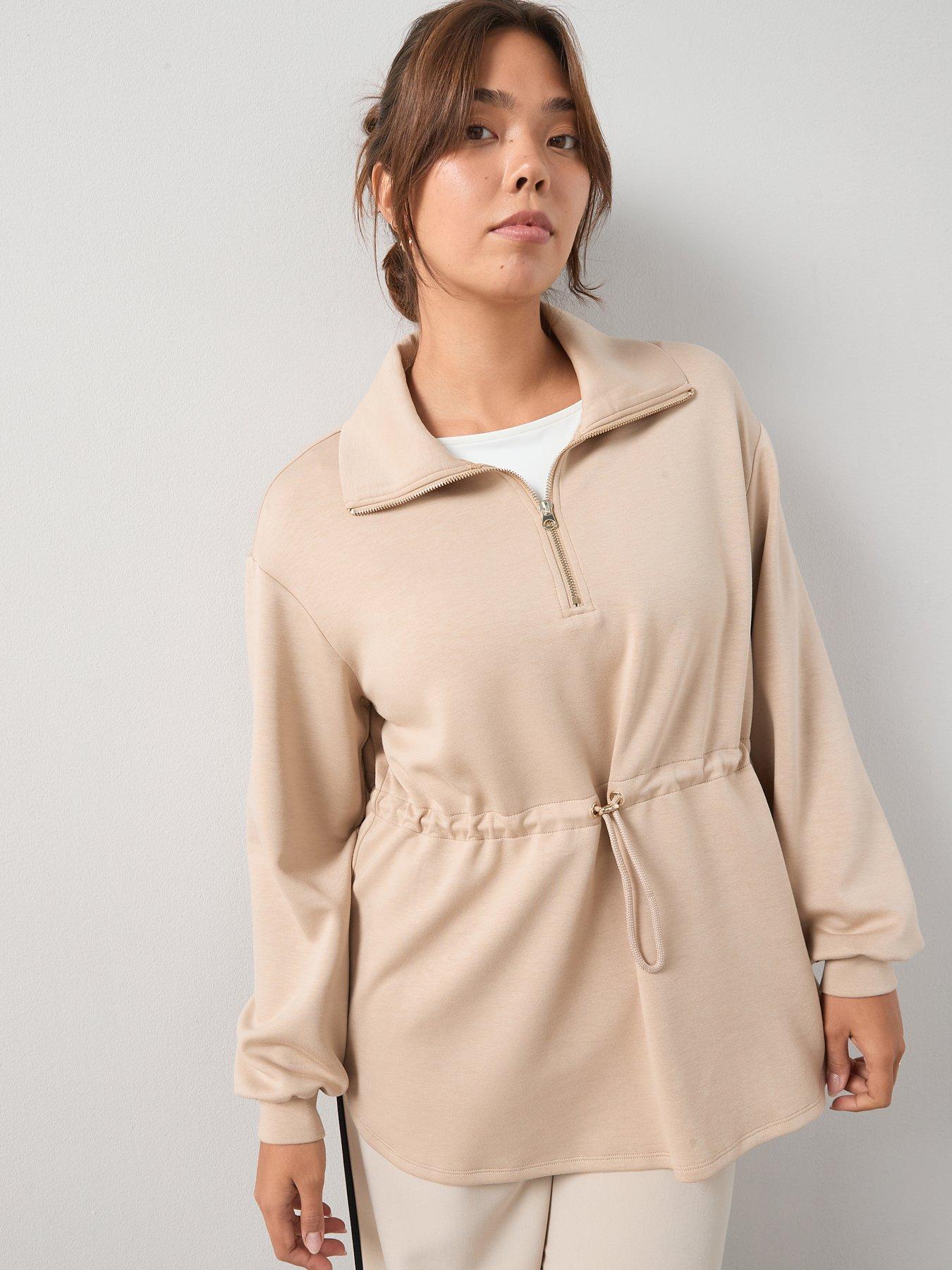 undefined Cinched Waist Half Zip Sweat - Beige