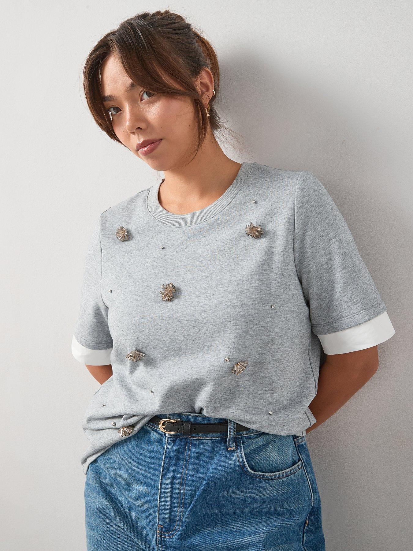 undefined Embellished Front Top - Grey