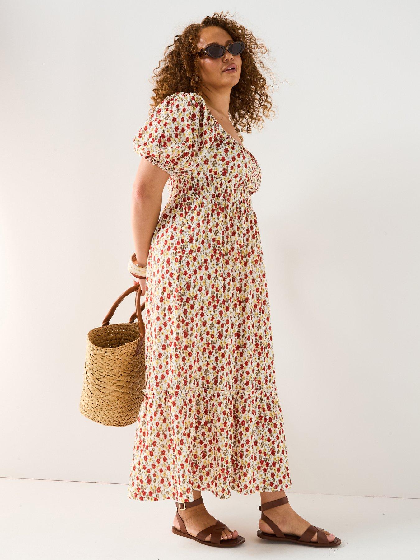  image of v-by-very-curve-shirred-waist-ditsy-midi-dress