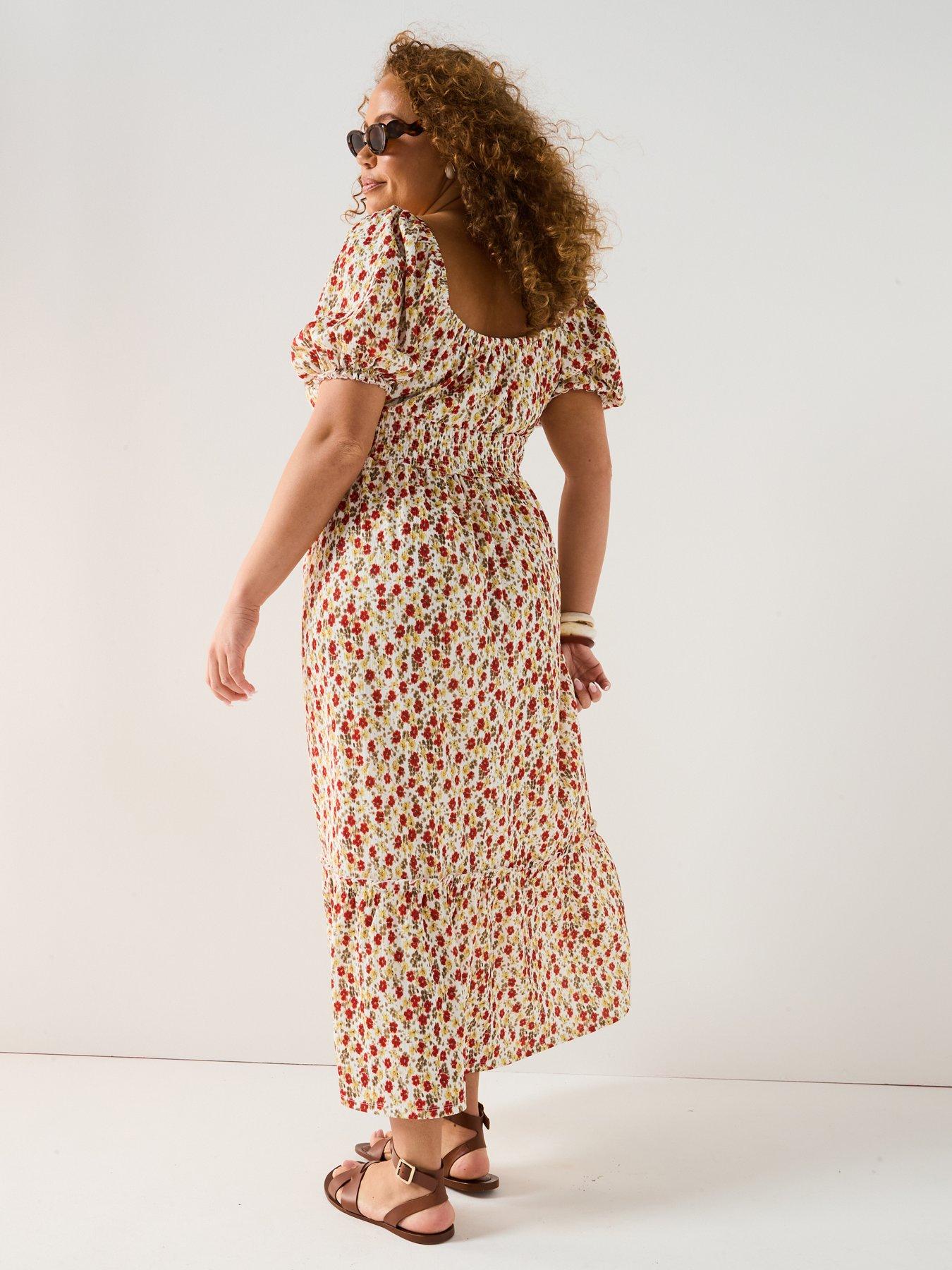  image of v-by-very-curve-shirred-waist-ditsy-midi-dress