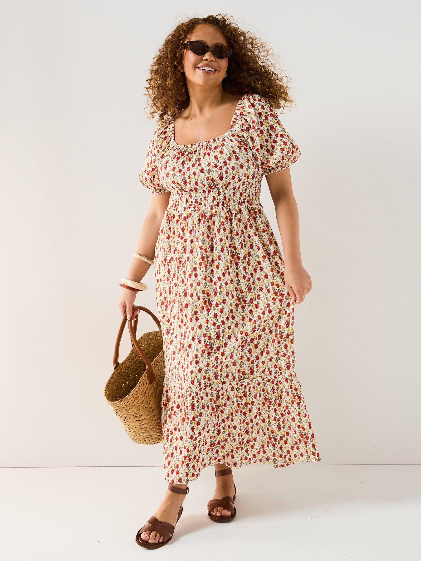  image of v-by-very-curve-shirred-waist-ditsy-midi-dress
