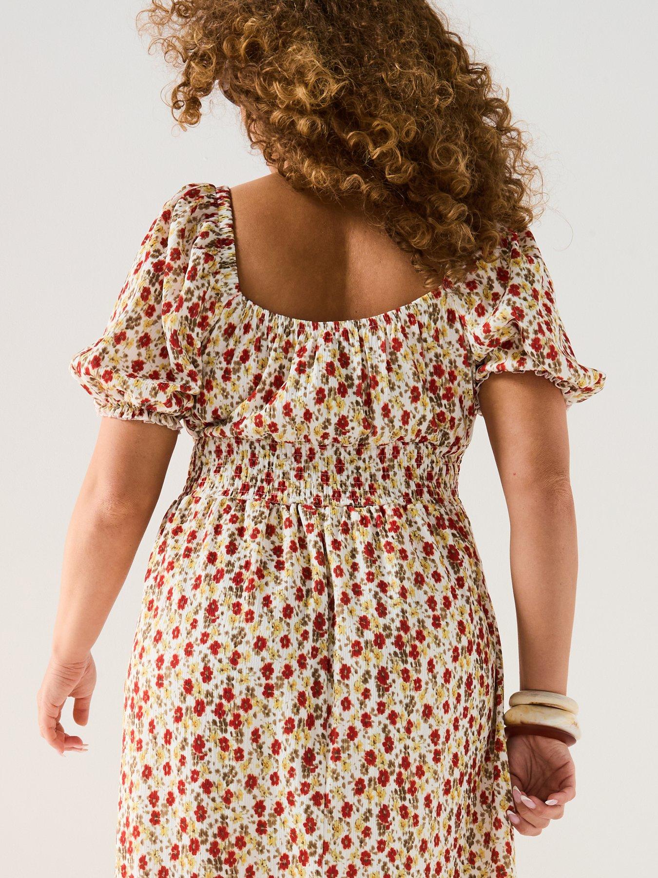  image of v-by-very-curve-shirred-waist-ditsy-midi-dress