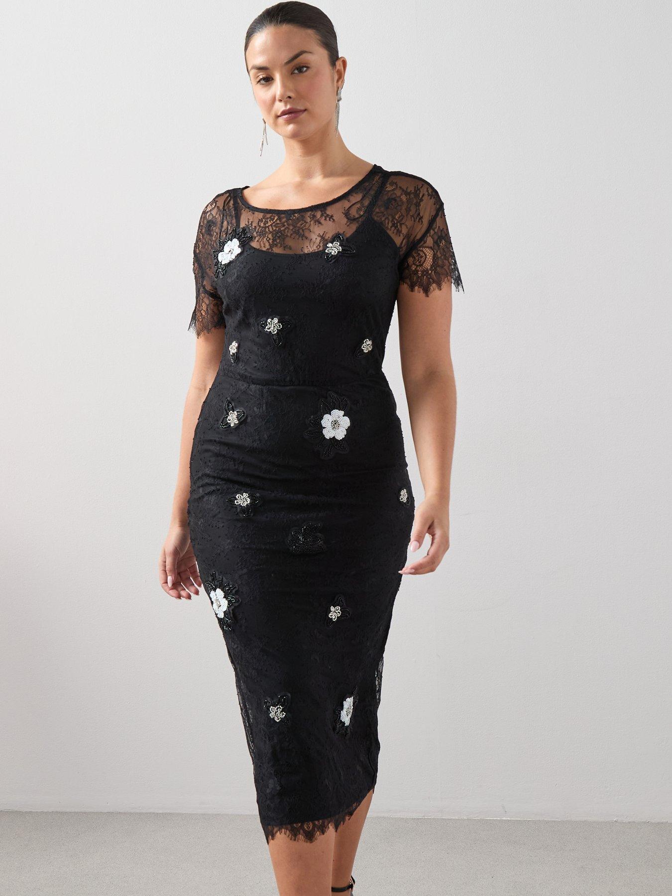 The Very Collection Curve Floral Embellished Lace Midi Dress - Black