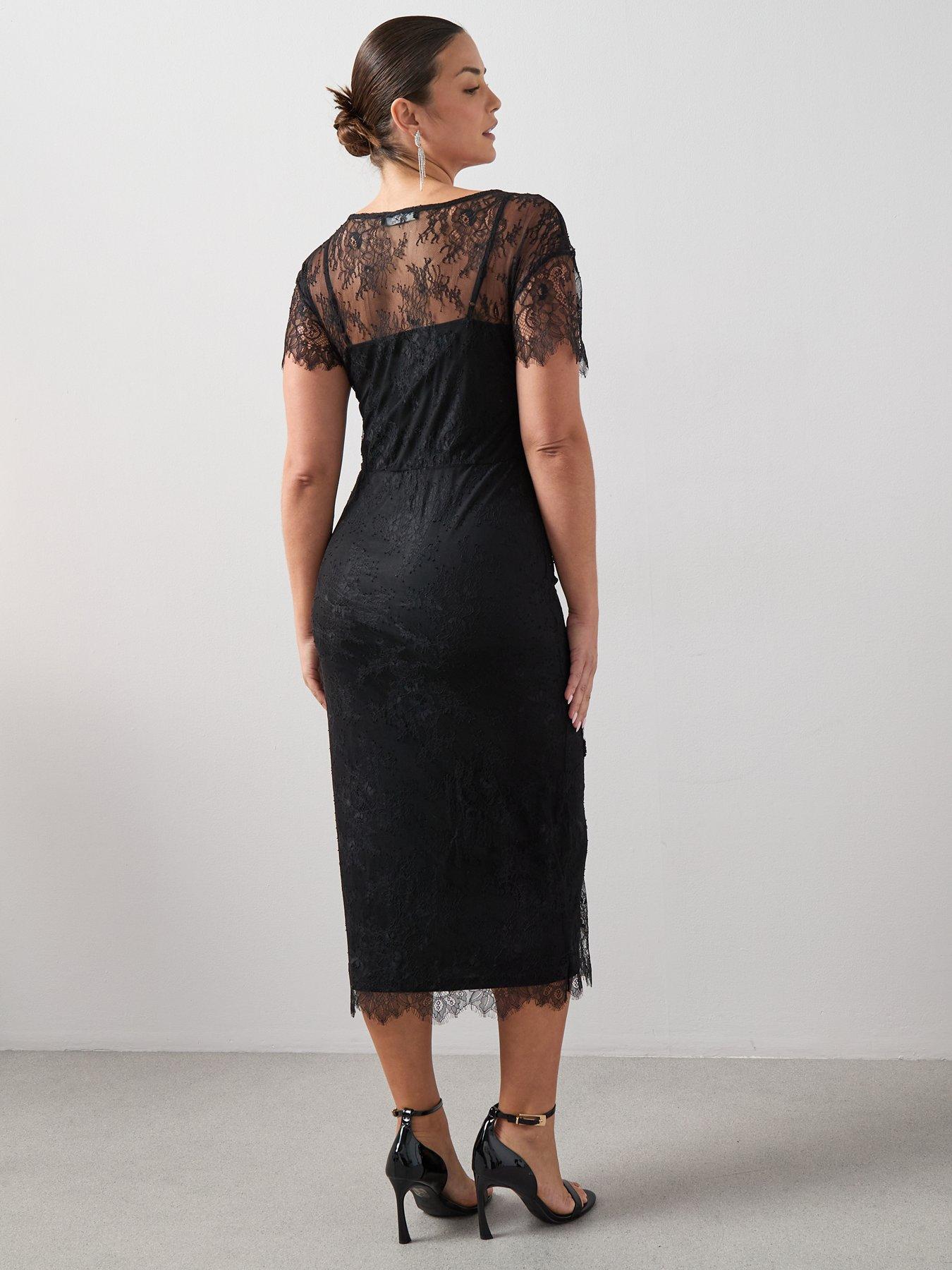 stillFront image of the-very-collection-curve-floral-embellished-lace-midi-dress-black
