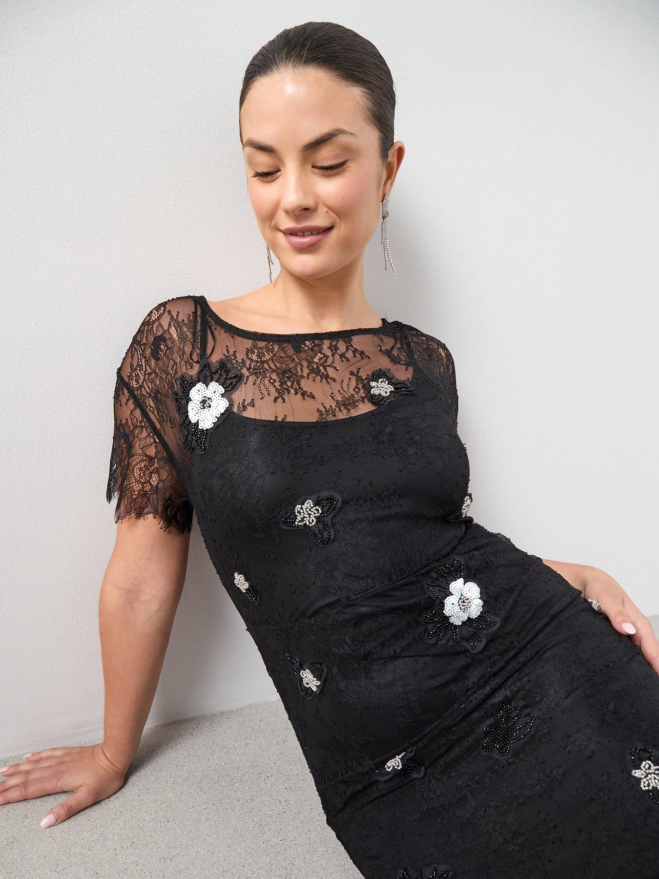  image of the-very-collection-curve-floral-embellished-lace-midi-dress-black