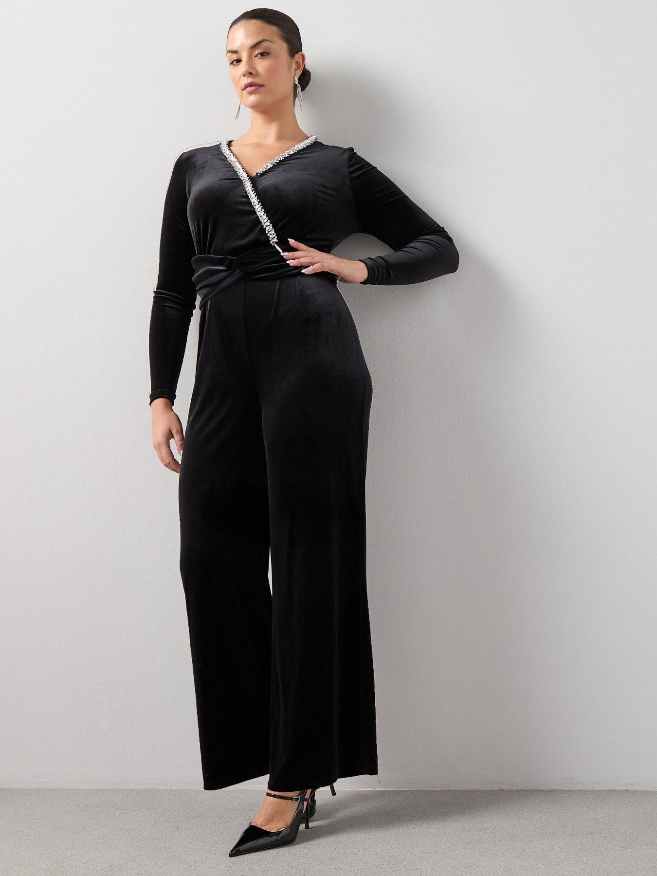 front image of the-very-collection-curve-embellished-velvet-wide-leg-jumpsuit-black
