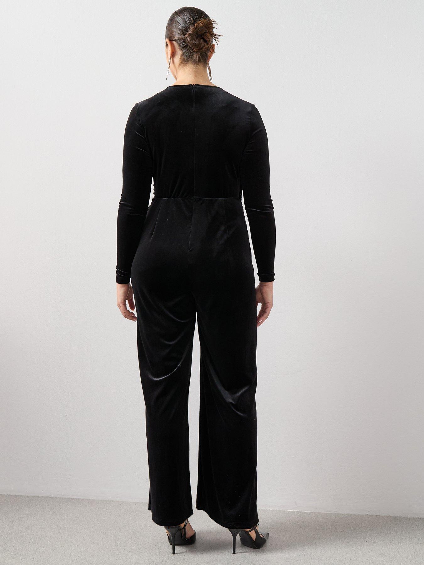 stillFront image of the-very-collection-curve-embellished-velvet-wide-leg-jumpsuit-black