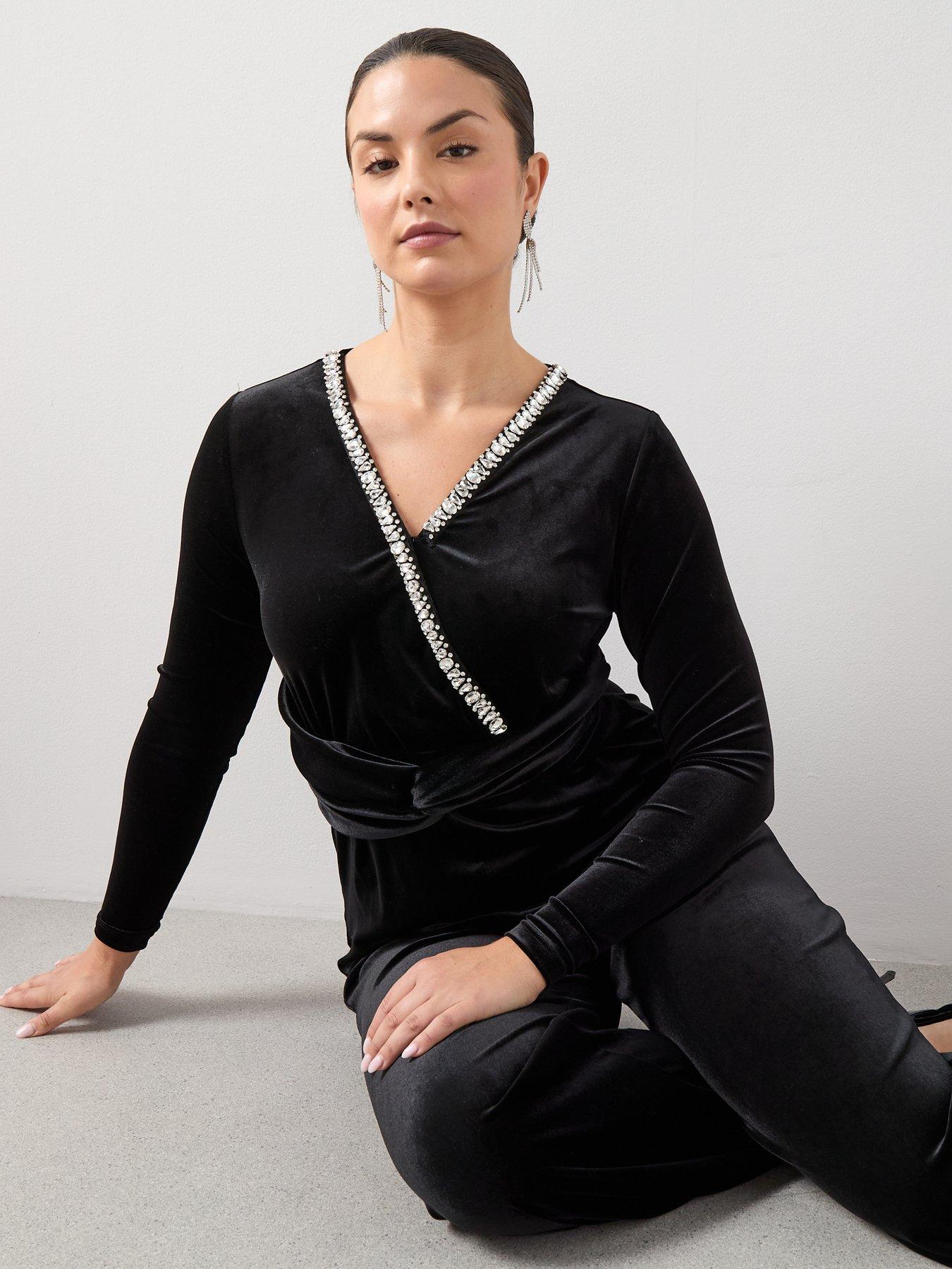  image of the-very-collection-curve-embellished-velvet-wide-leg-jumpsuit-black