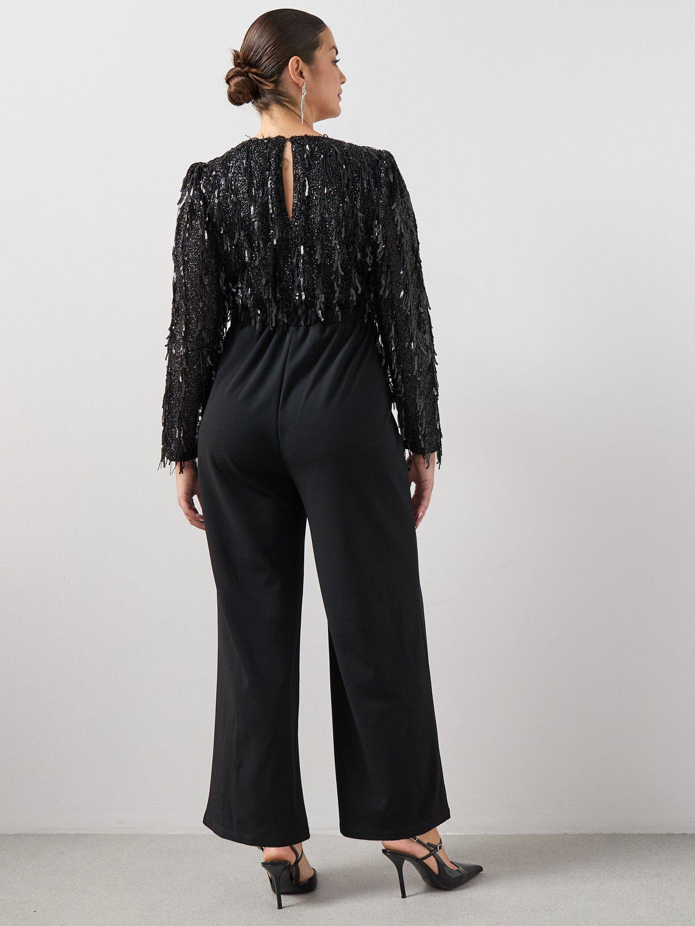 Image 2 of 6 of The Very Collection Curve Fringe Sequin Jumpsuit - Black