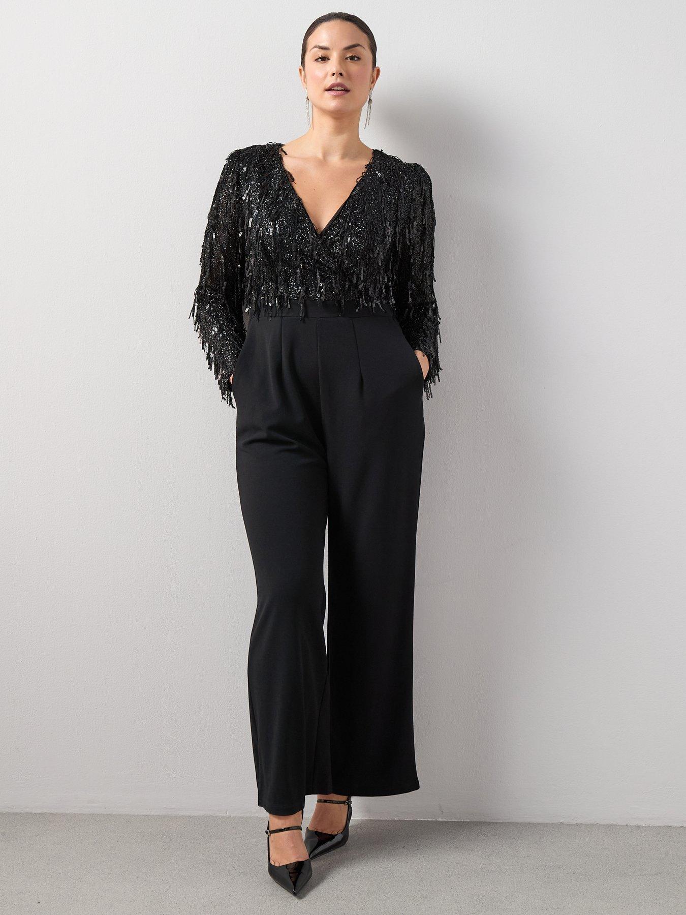 Image 3 of 6 of The Very Collection Curve Fringe Sequin Jumpsuit - Black