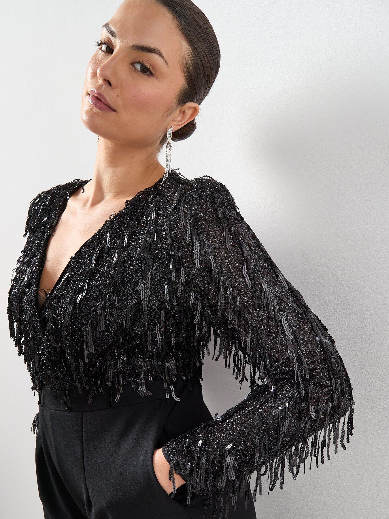 Image 4 of 6 of The Very Collection Curve Fringe Sequin Jumpsuit - Black