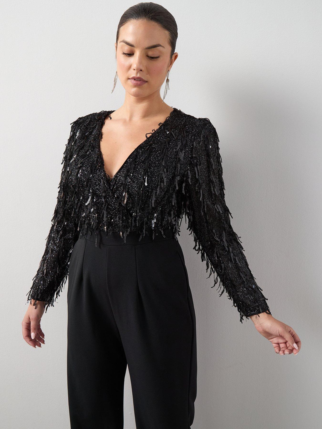 Image 5 of 6 of The Very Collection Curve Fringe Sequin Jumpsuit - Black