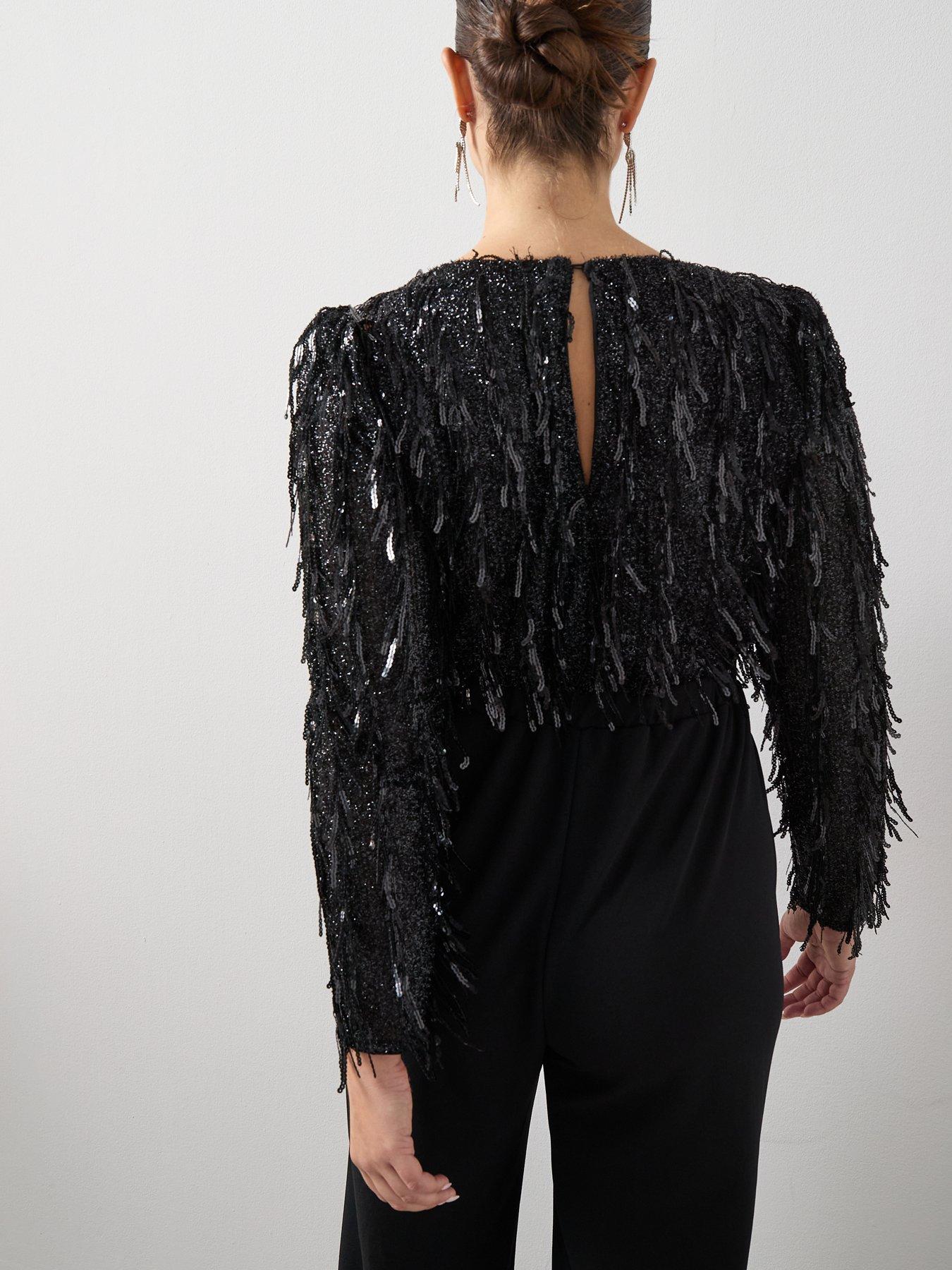 Image 6 of 6 of The Very Collection Curve Fringe Sequin Jumpsuit - Black