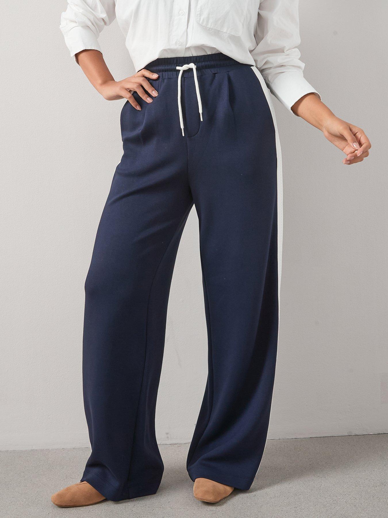 Image 1 of 6 of V by Very Curve Lace Trim Side Stripe Wide Leg Trouser - Navy