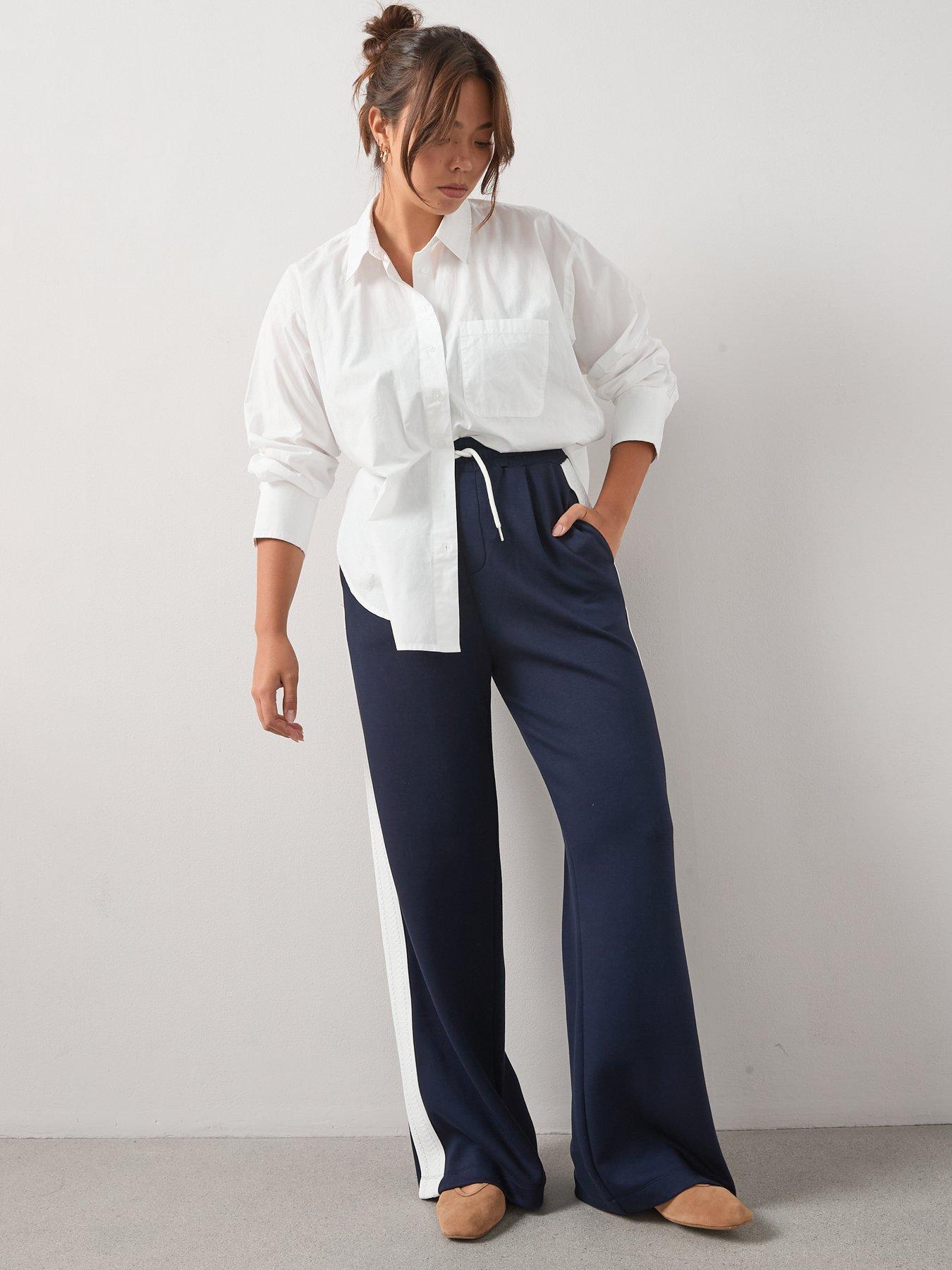 Image 6 of 6 of V by Very Curve Lace Trim Side Stripe Wide Leg Trouser - Navy