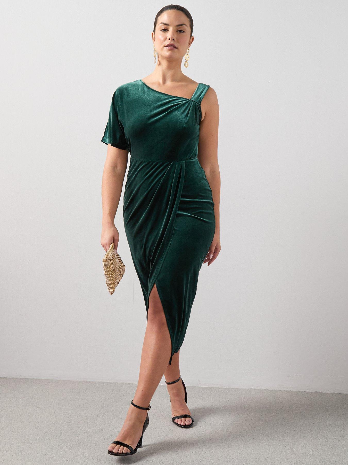 The Very Collection Curve Off Shoulder Velvet Midi Dress - Dark Green