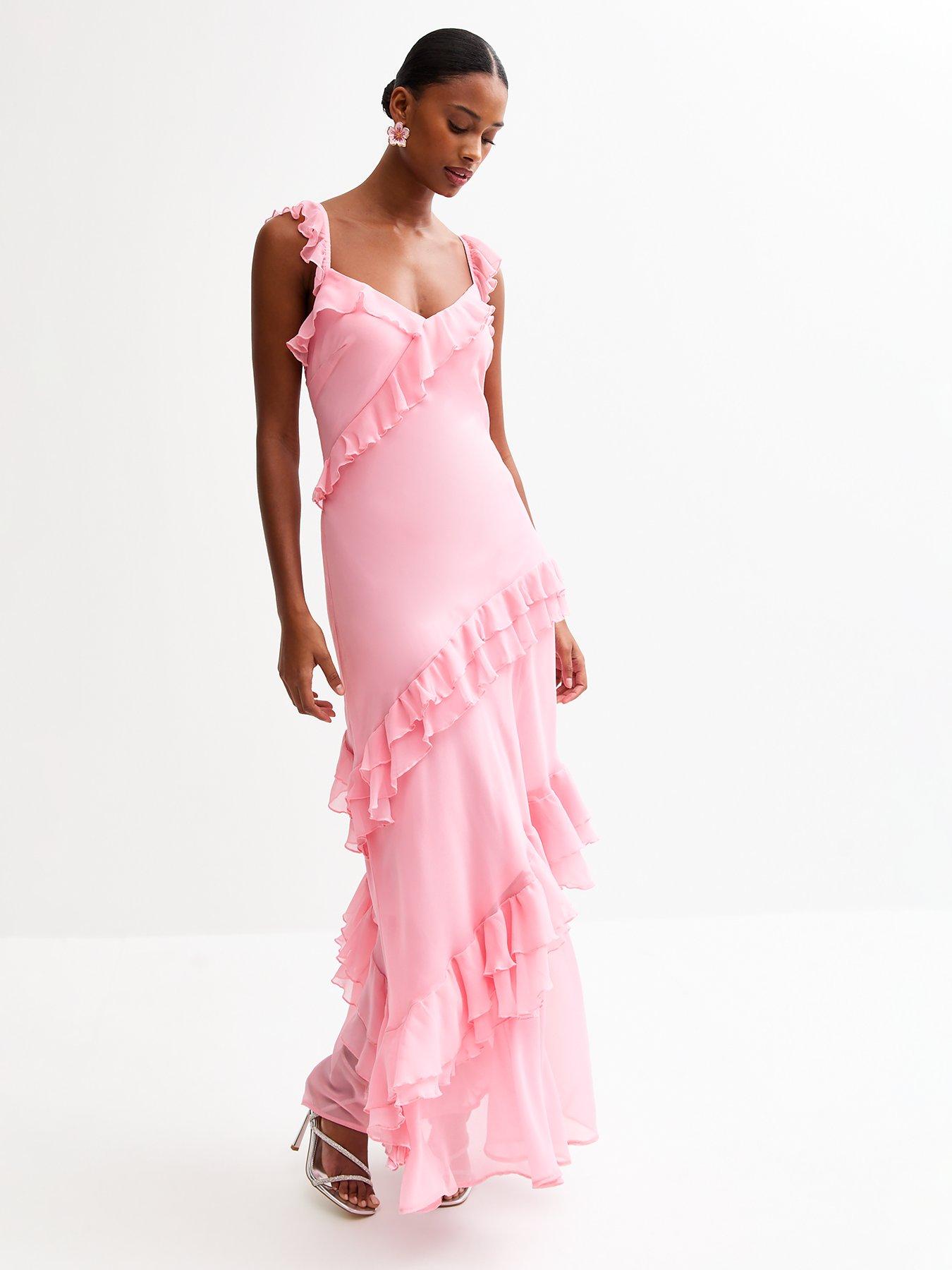 Asymmetrical Frills Midi Dress (Pink)