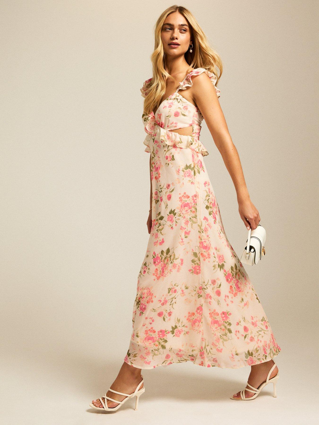 New Look Chiffon Rose Print Ruffle Cut Out Midi Dress - Cream