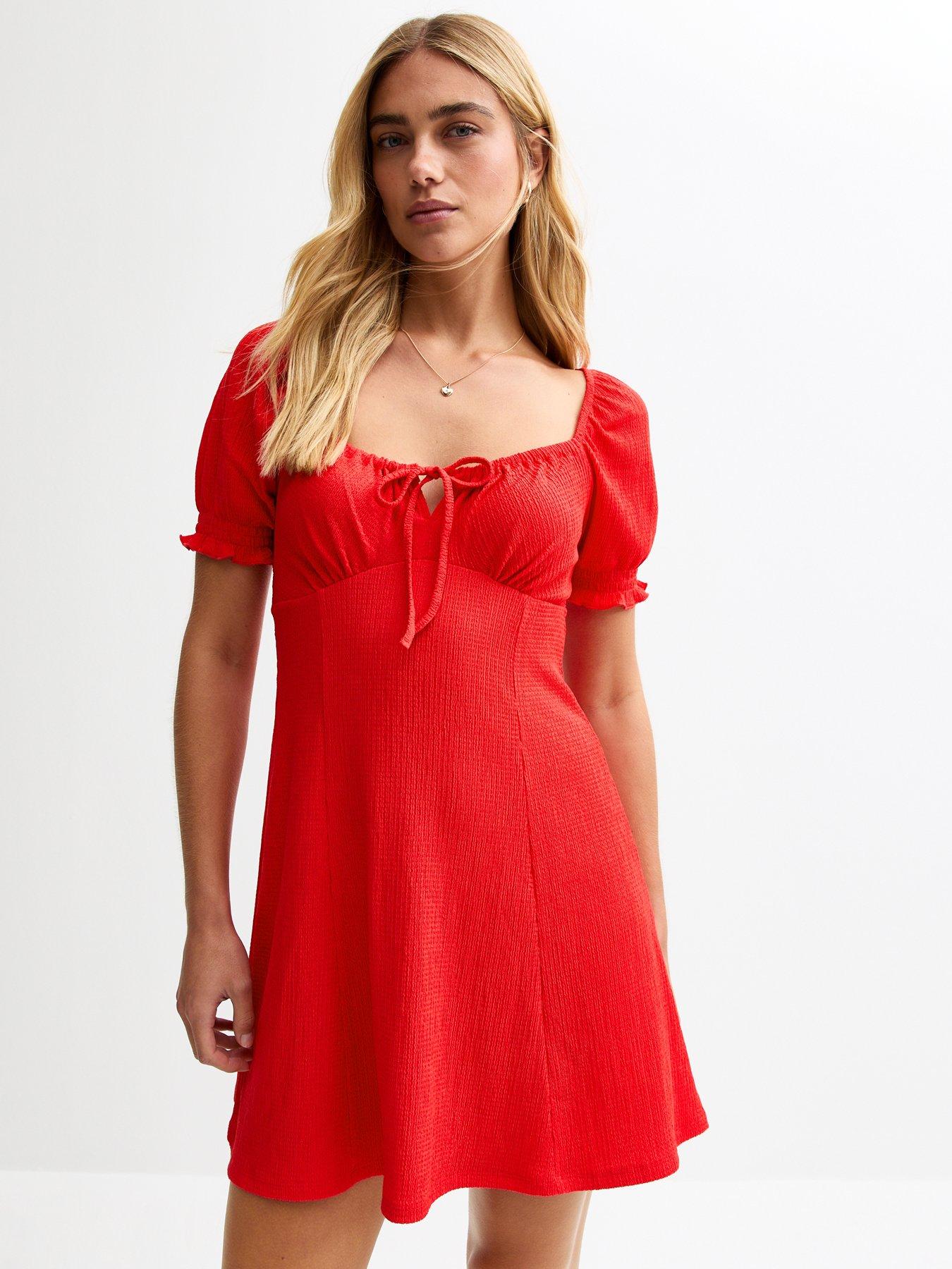undefined Crinkle Texture Milkmaid Mini Dress - Red