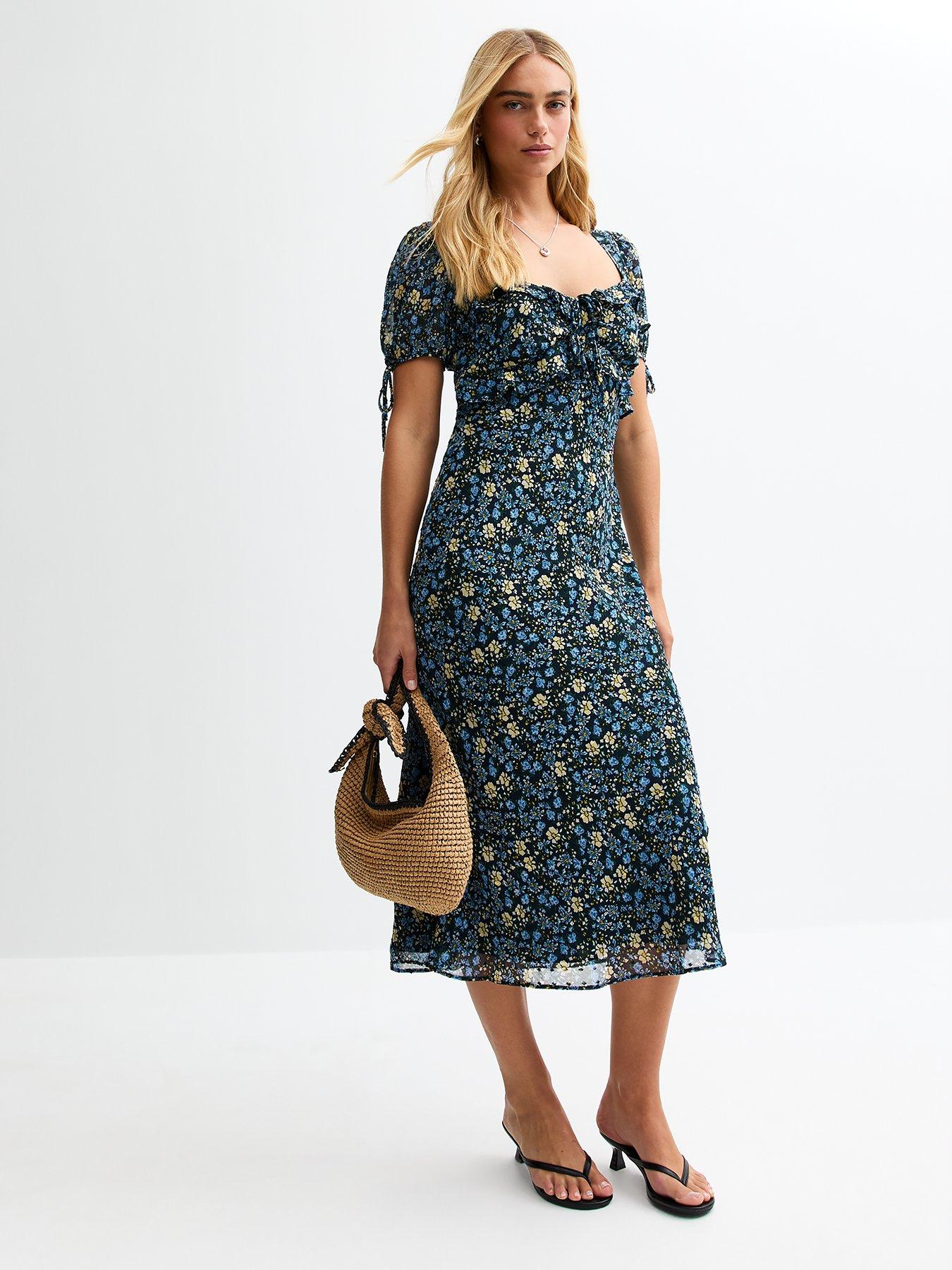 new-look-floral-print-tie-sleeve-chiffon-midi-dress-blue