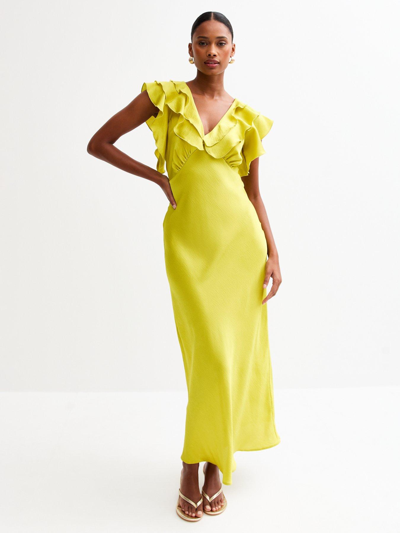 undefined Satin Ruffled Midi Dress - Green