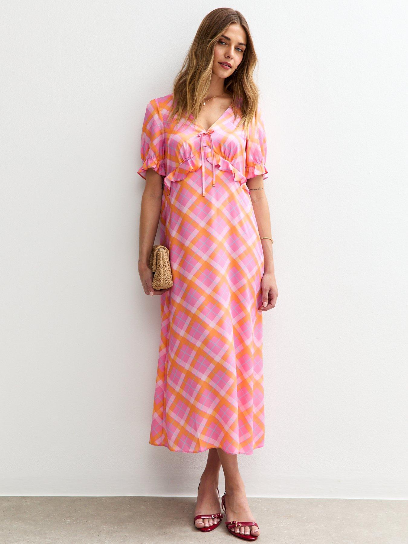 new look a line dress New Look Dress Womens 8 White Pink Floral Puff Sleeve Smocked Cotton Midi  A-Line