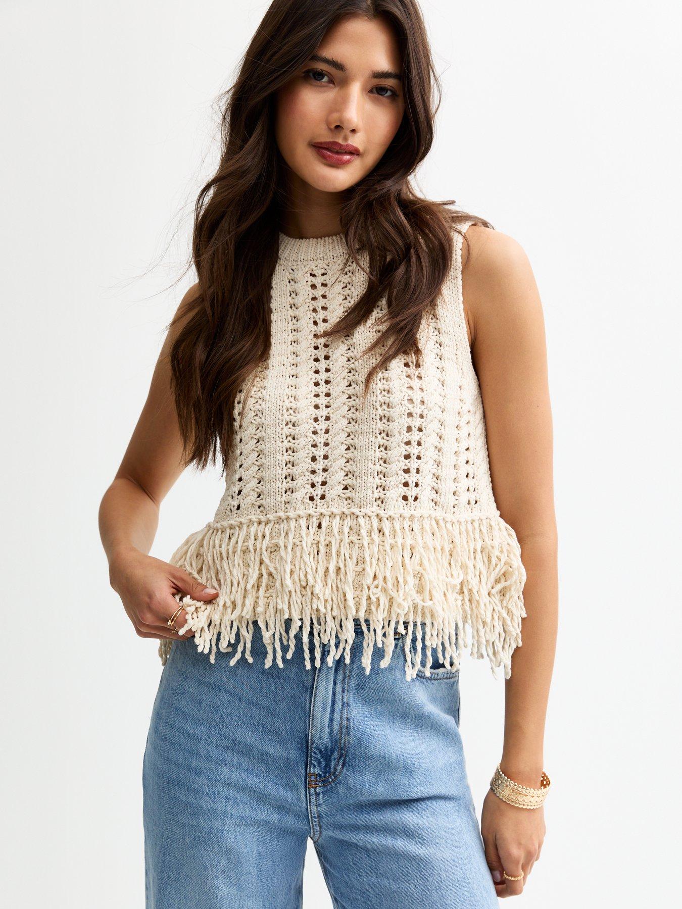 undefined Open Knit Fringe Trim Sleeveless Vest - Cream