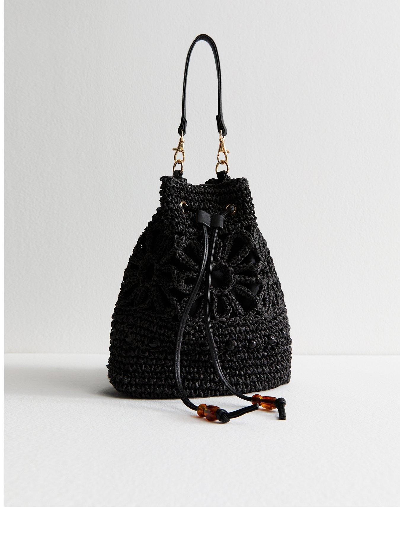  image of new-look-floral-woven-raffia-drawstring-bucket-bag-black