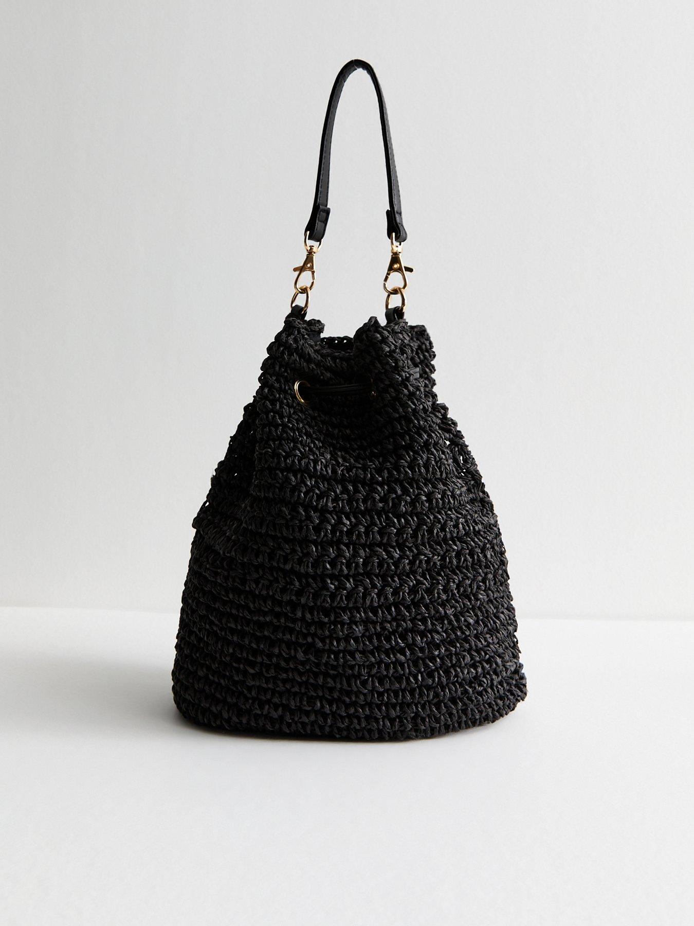  image of new-look-floral-woven-raffia-drawstring-bucket-bag-black