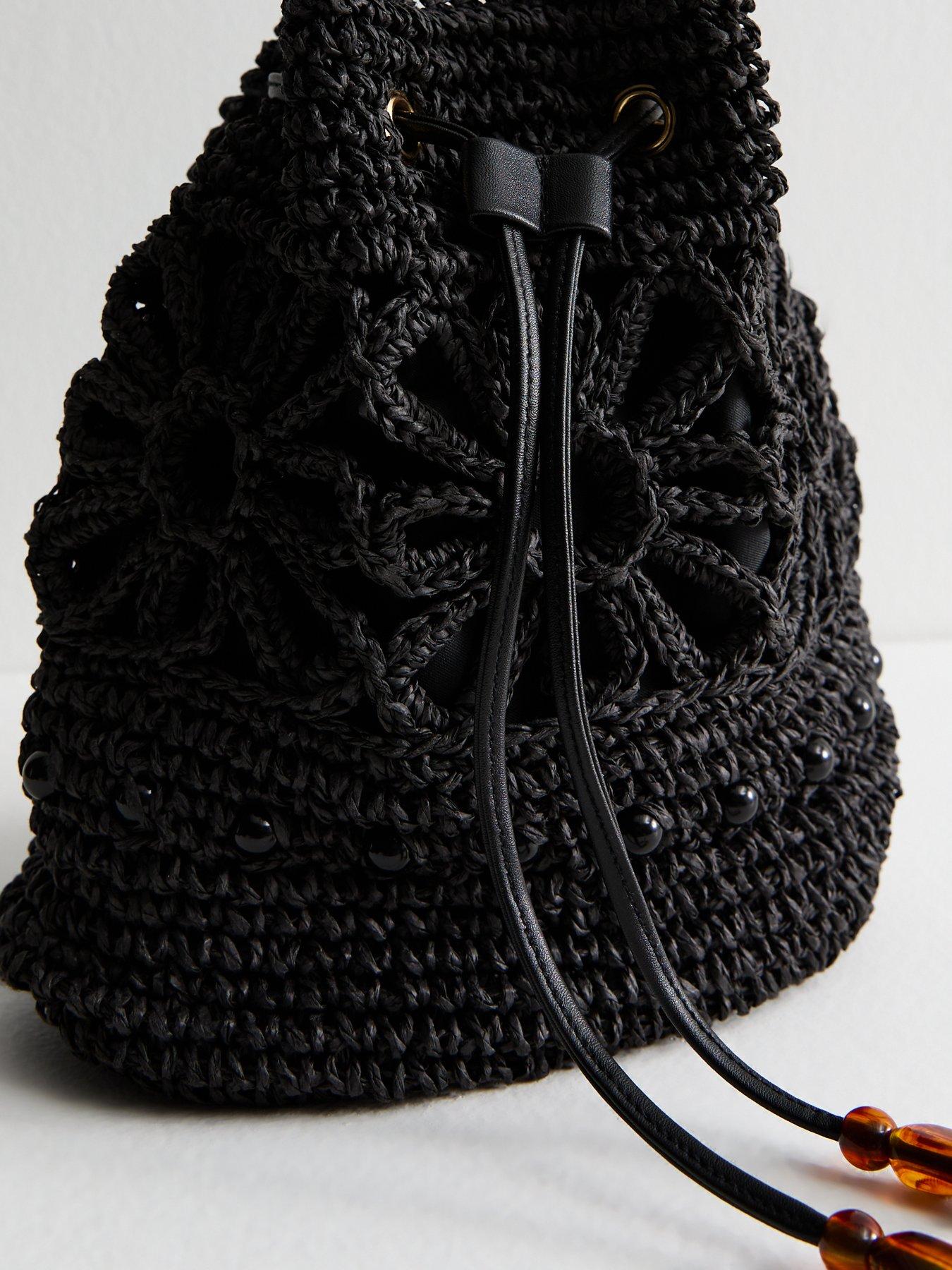  image of new-look-floral-woven-raffia-drawstring-bucket-bag-black