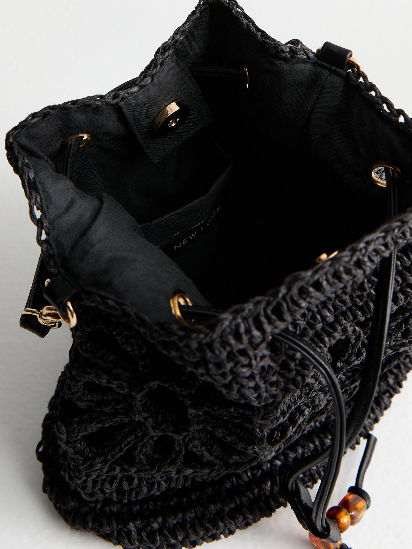  image of new-look-floral-woven-raffia-drawstring-bucket-bag-black