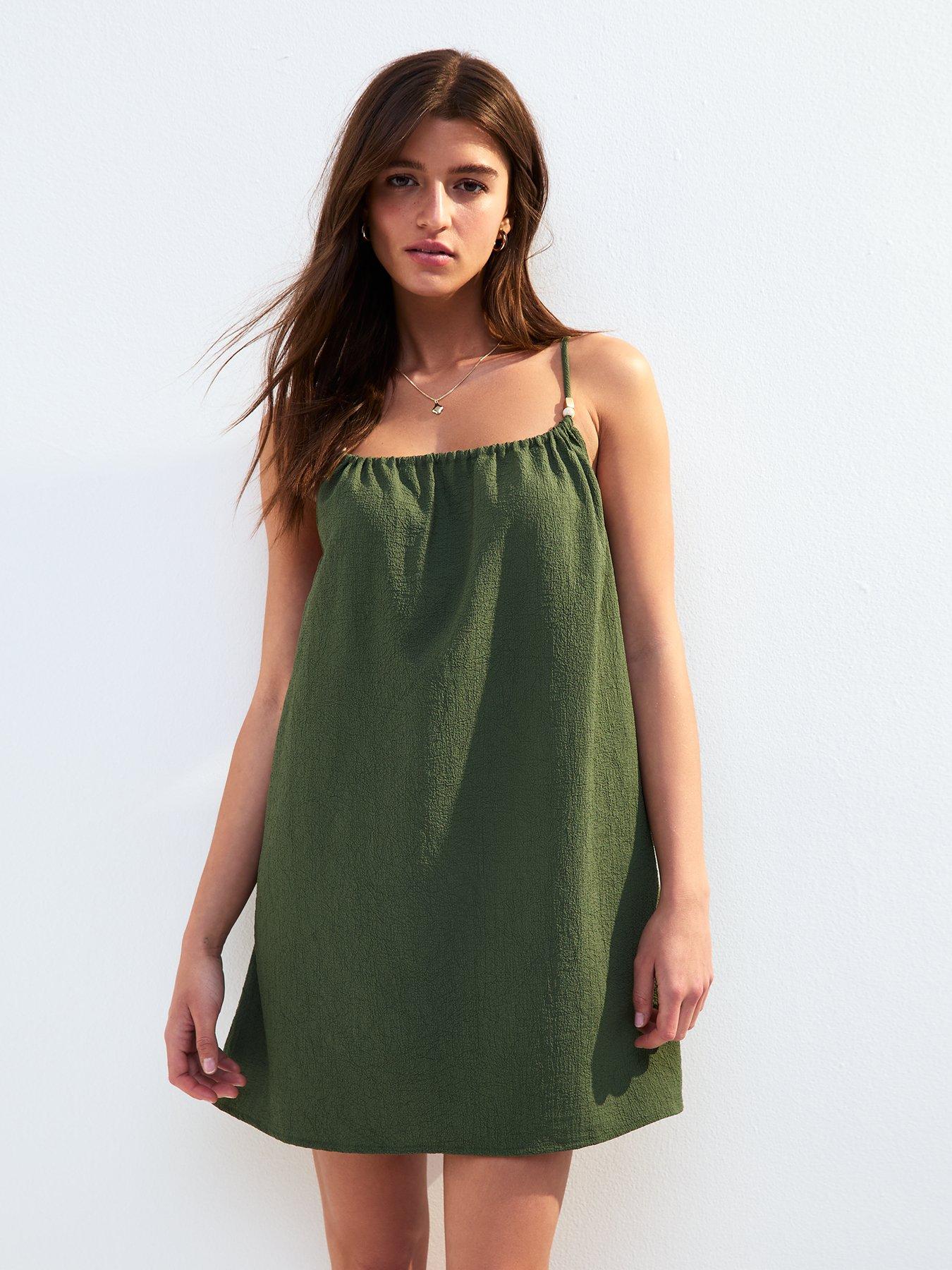 undefined Khaki Textured Beaded Strap Beach Mini Dress - Green