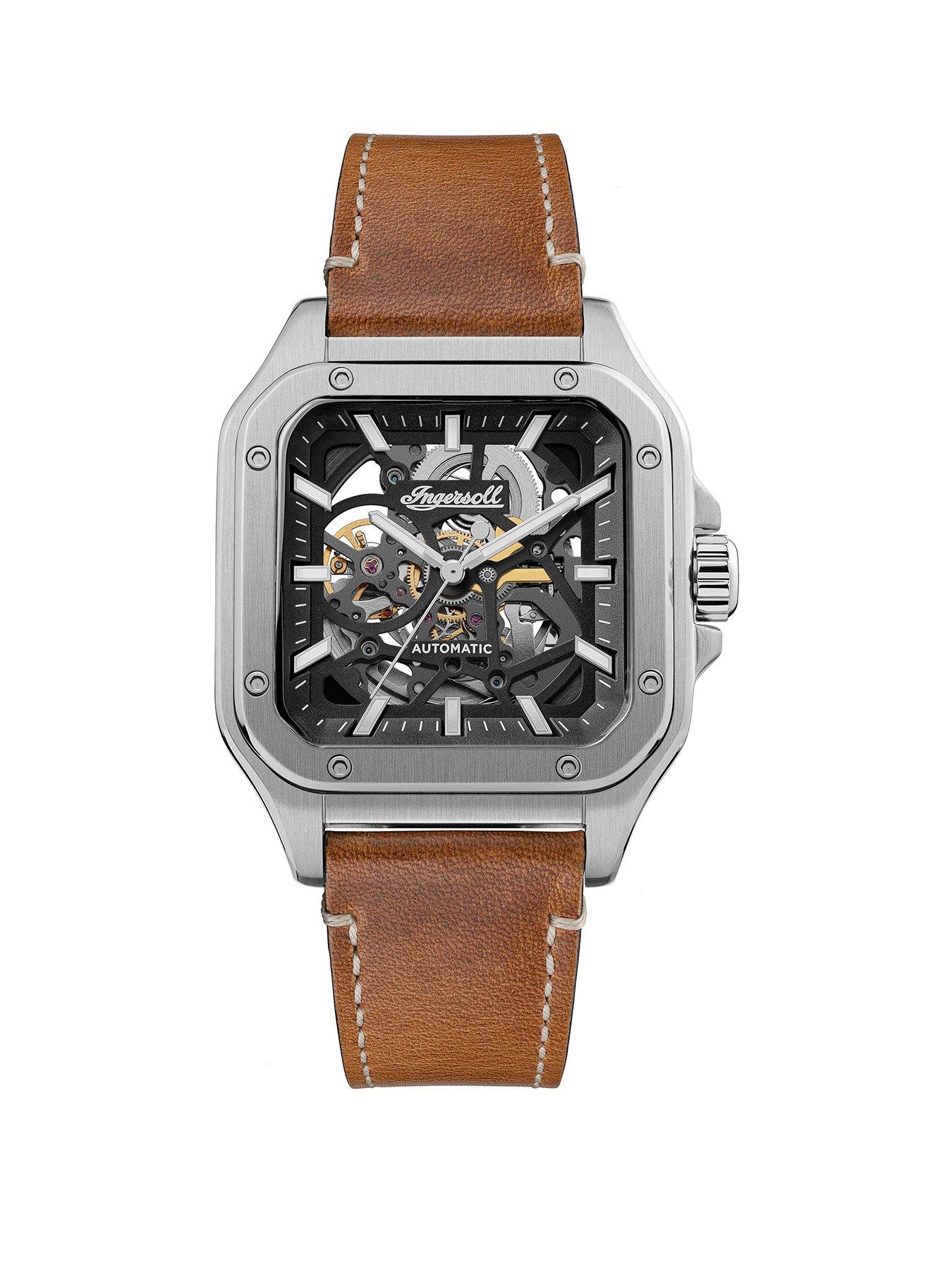 undefined Gents Automatic Watch, Black dial Square Stainless Steel case and Brown Leather Strap