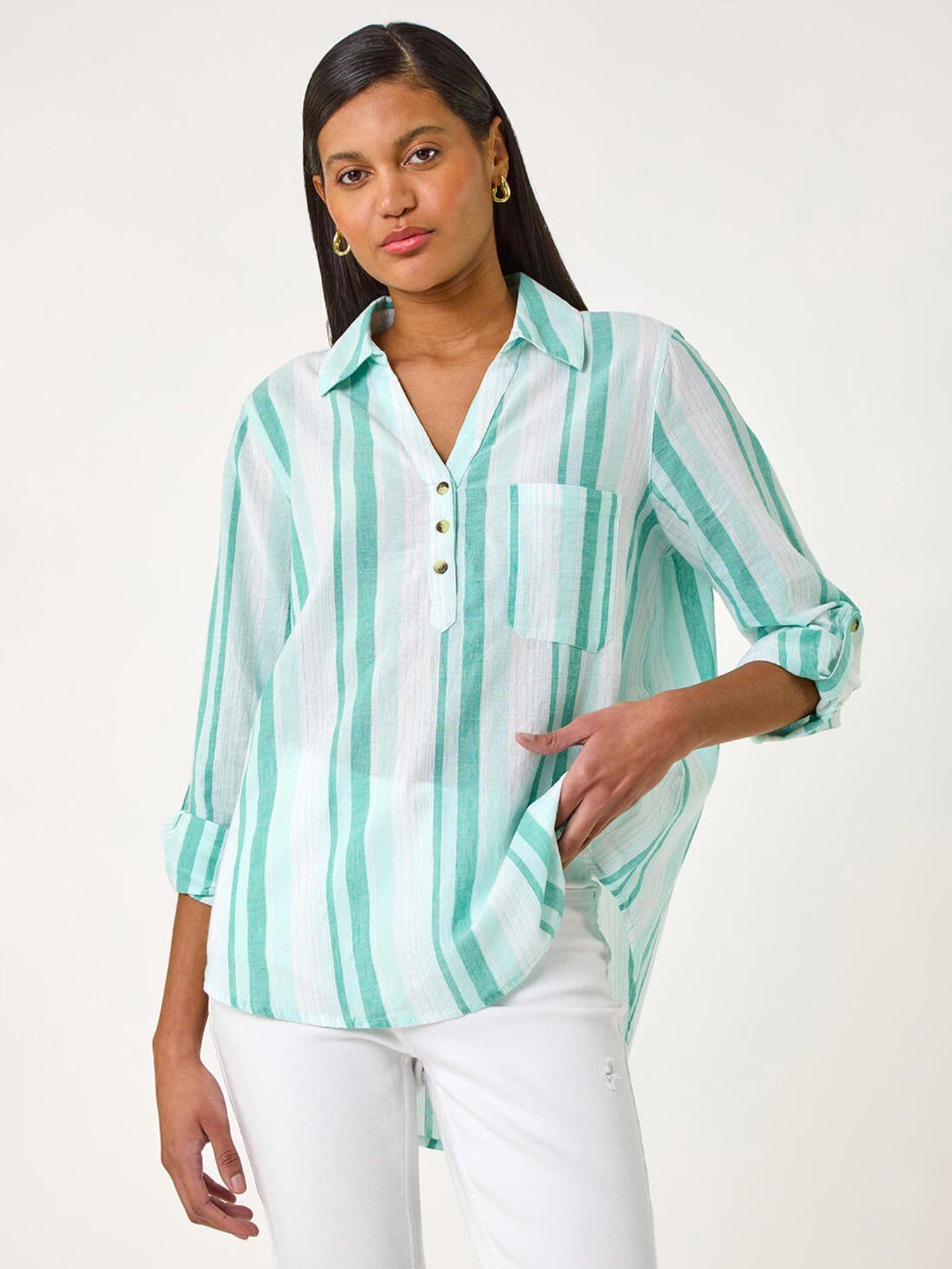 undefined Stripe Collar V-neck Shirt - Blue