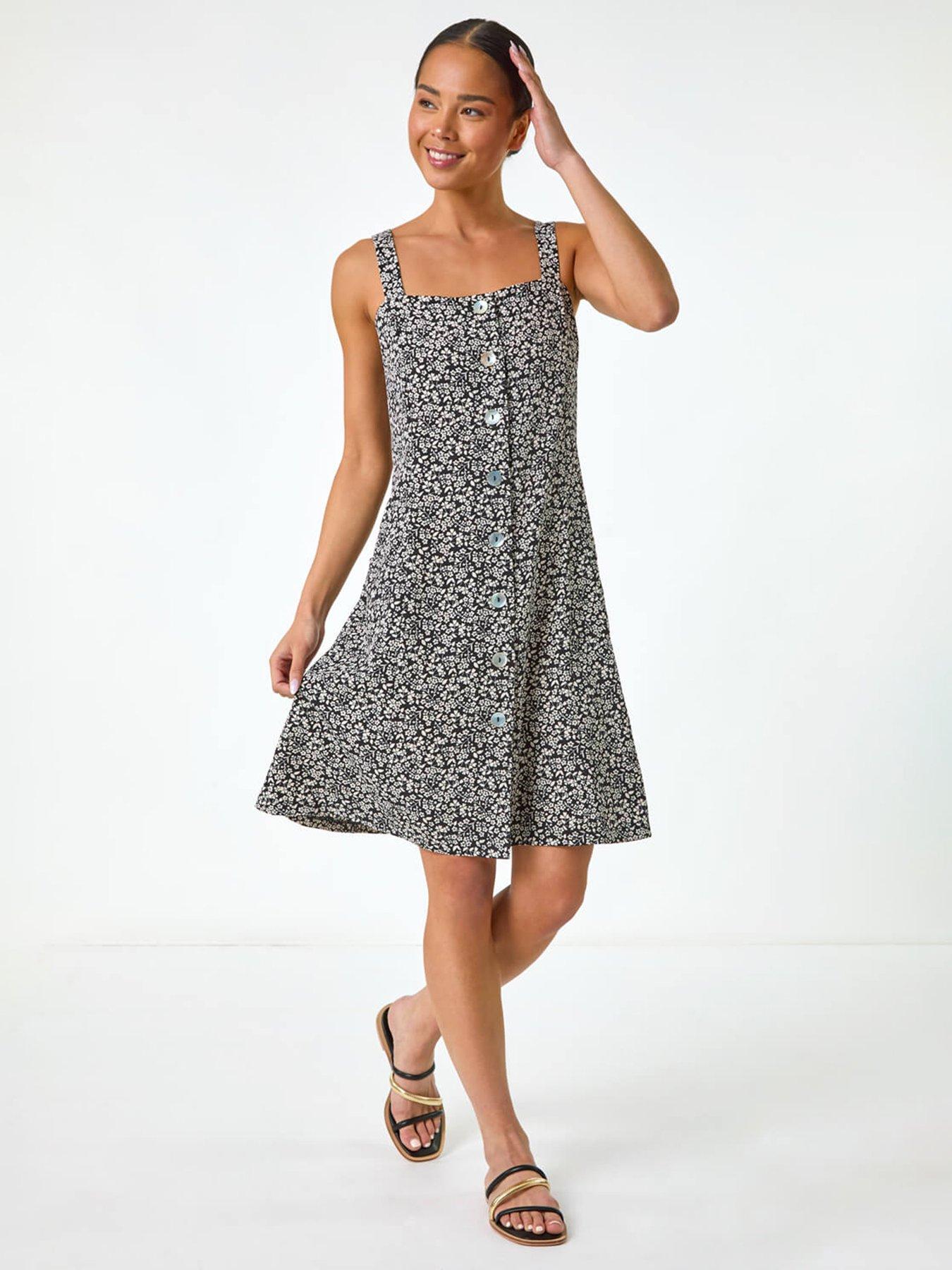 undefined Petite Floral Ditsy Button Dress - Black