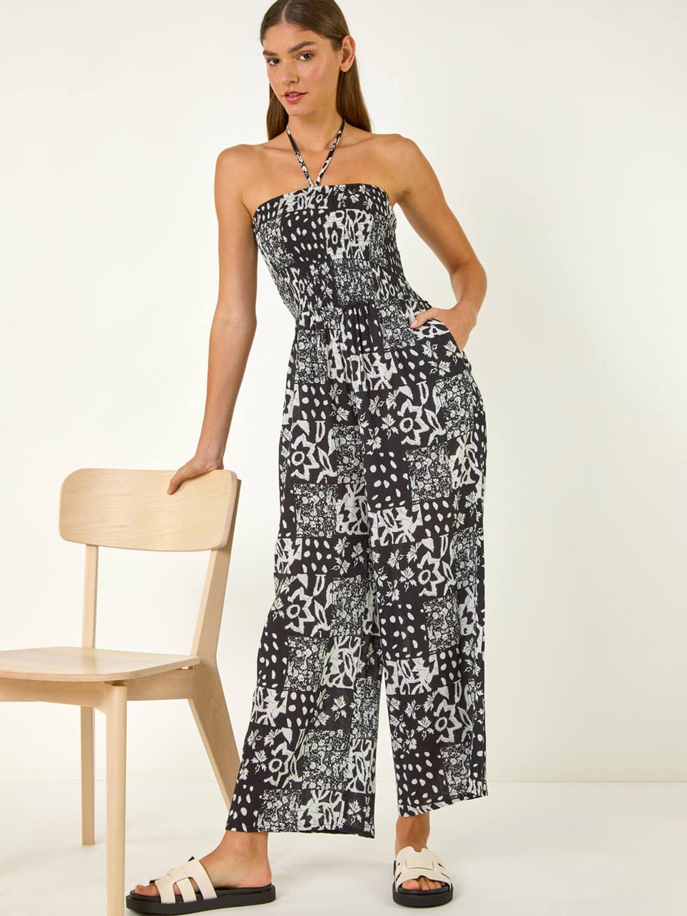 Image 1 of 5 of Roman Abstract Print Shirred Bandeau Jumpsuit - Black