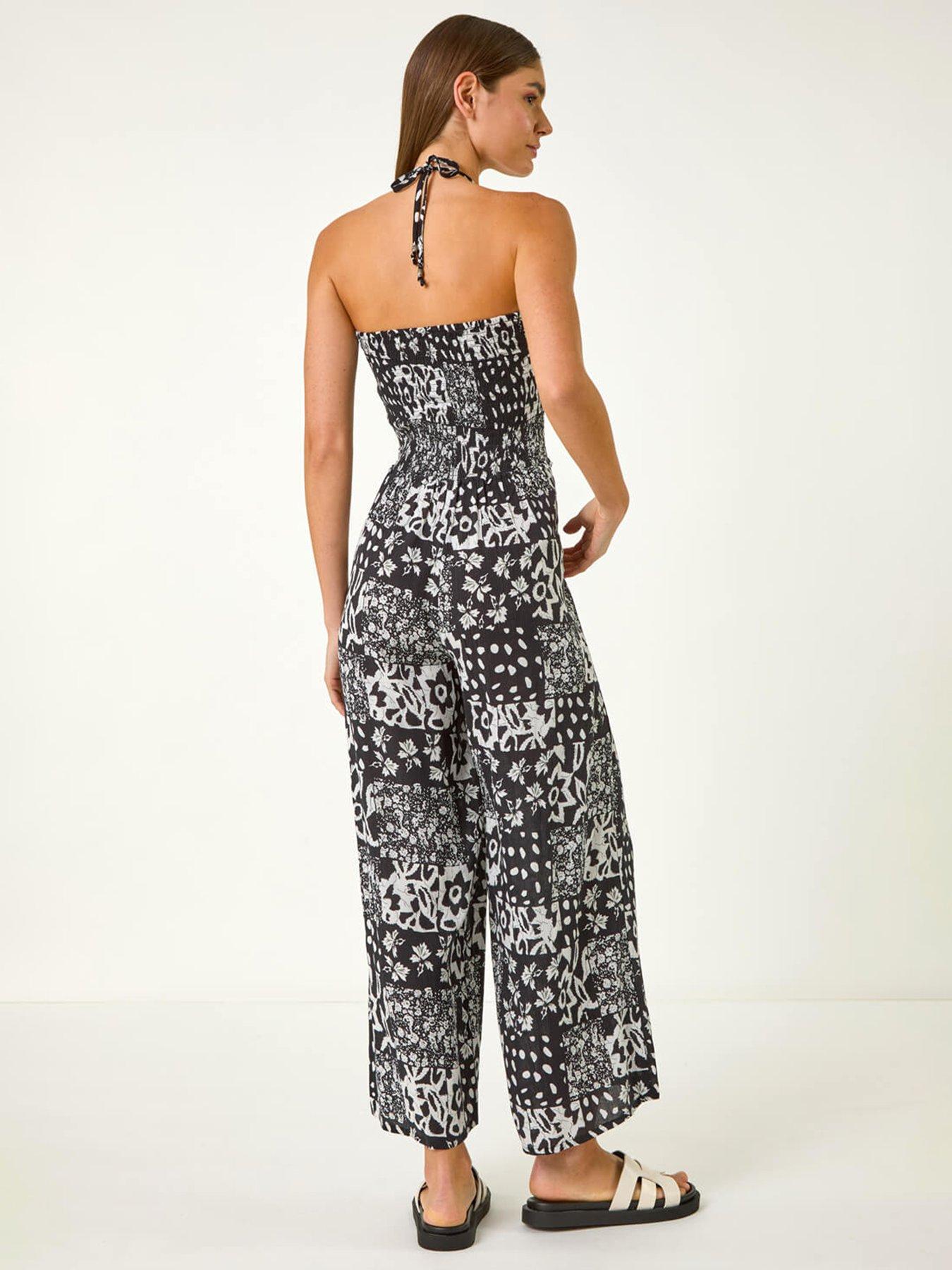 Image 2 of 5 of Roman Abstract Print Shirred Bandeau Jumpsuit - Black