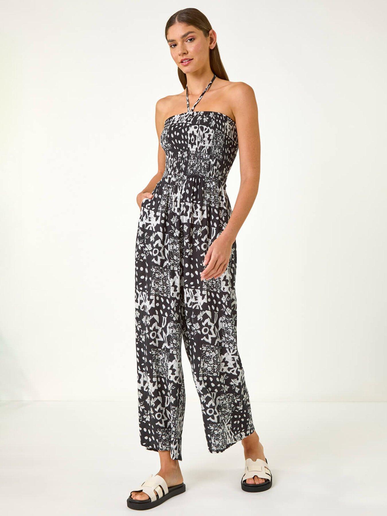 Image 3 of 5 of Roman Abstract Print Shirred Bandeau Jumpsuit - Black