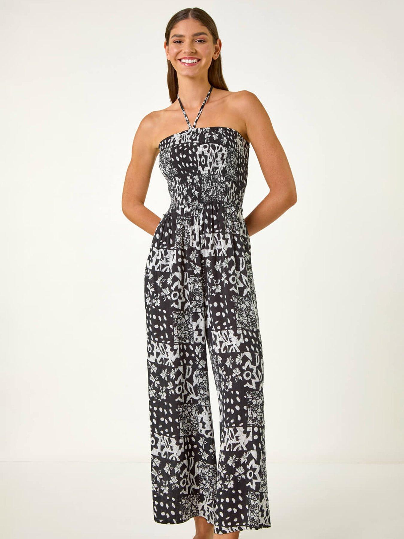 Image 4 of 5 of Roman Abstract Print Shirred Bandeau Jumpsuit - Black