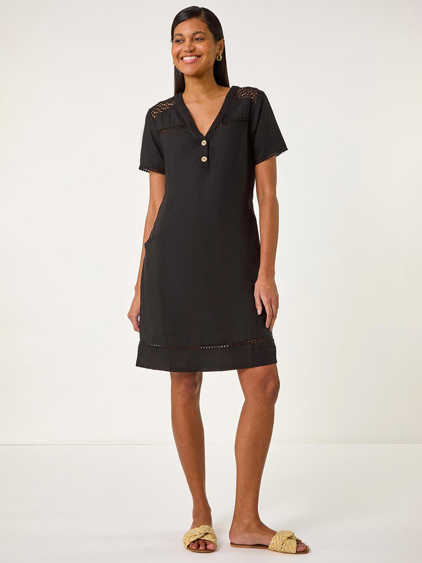undefined Linen Mix Button Shift Dress - Black