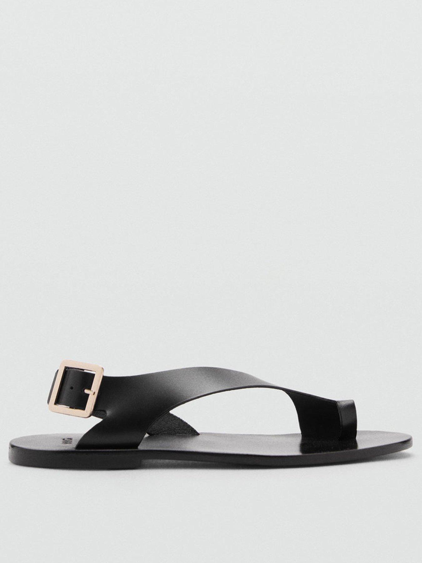 front image of mango-leather-sandals-with-cross-strap-black